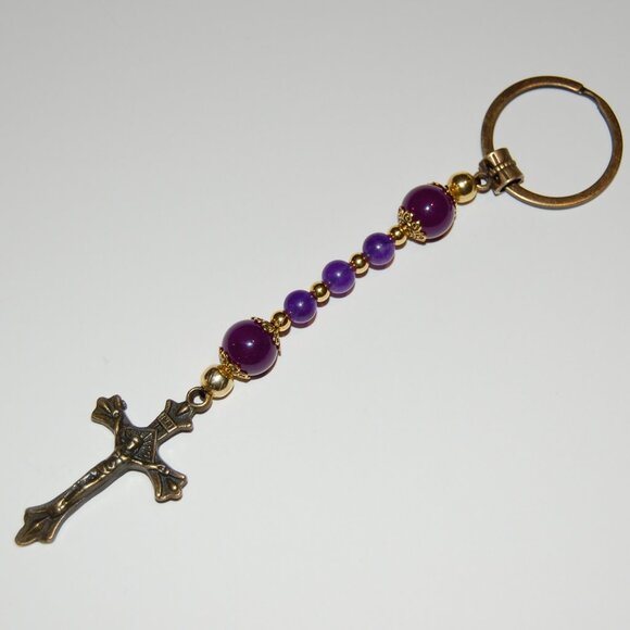 Rosary Keychain,Gemstone Beads Keychain,Cross Keychain,Rosary Cross Keychain - Picture 2 of 2